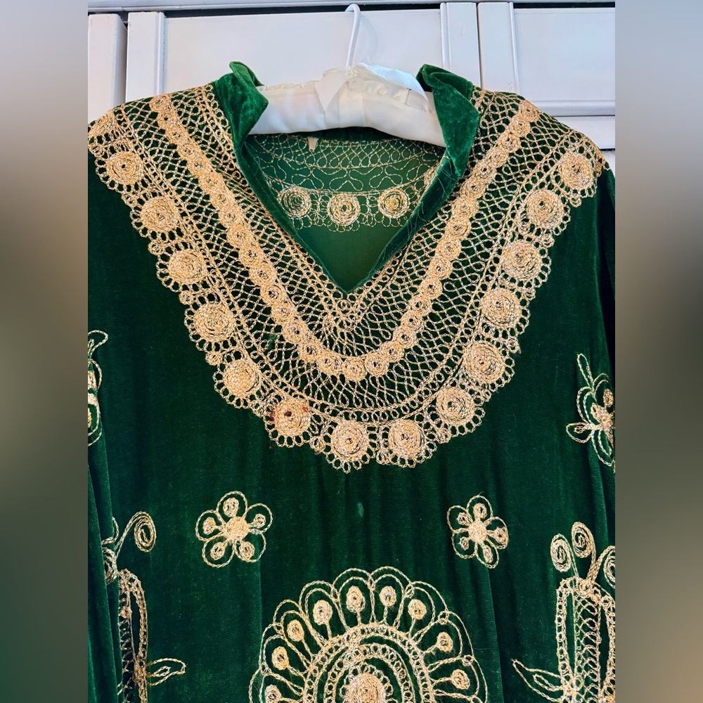 Vintage Elegant Indian Green Velvet Dress with Gold Detailing - Picture 3 of 12